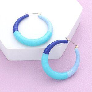 NWT Blue Color Block Raffia Wrapped Hoop Pin Earrings